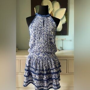 Poupette St Barth Blue White Halter Smocked Waist Tiered Ruffle Dress Size M